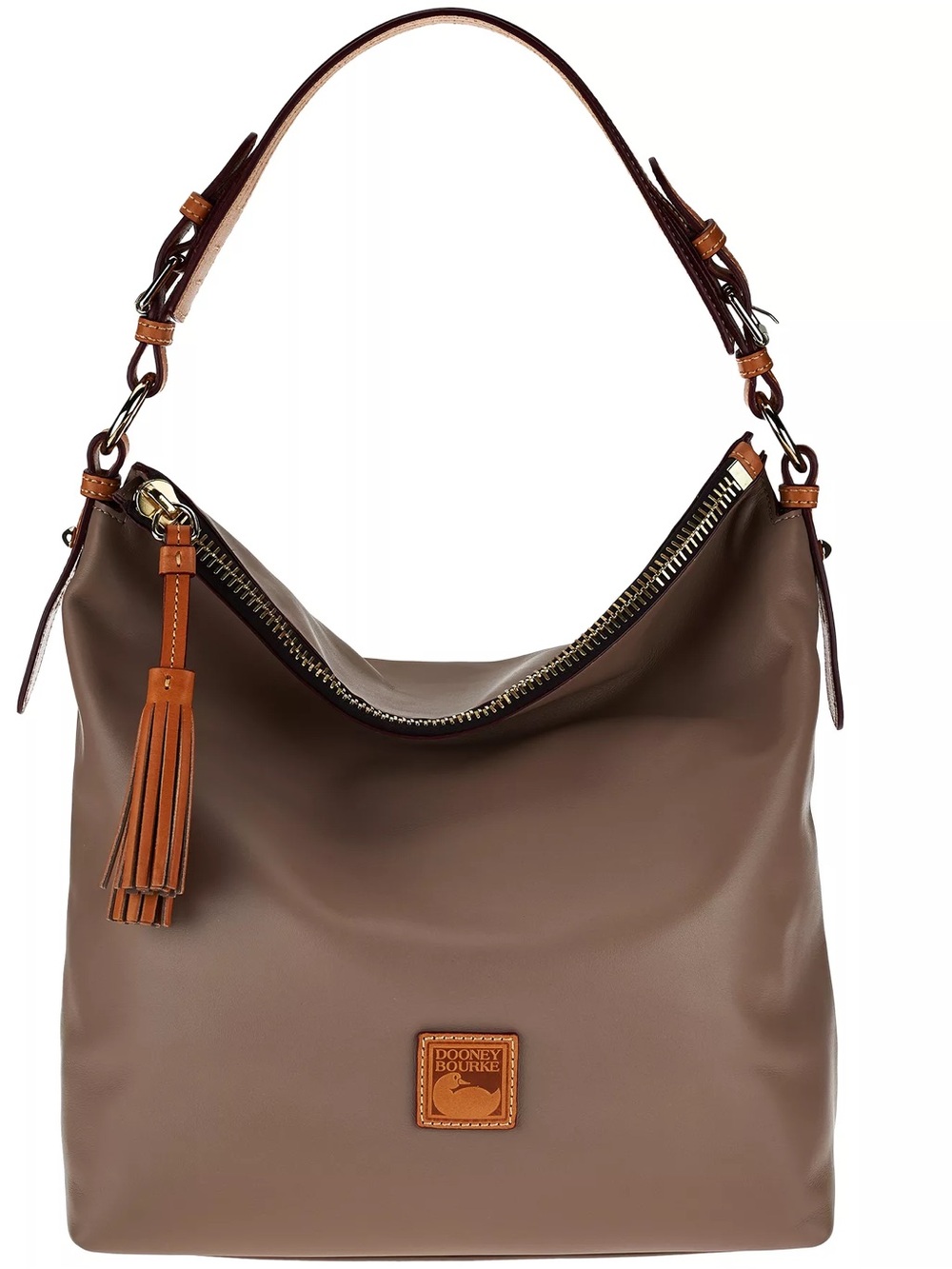 Dooney & Bourke Taupe Leather Hobo with Tassel and Belted Strap